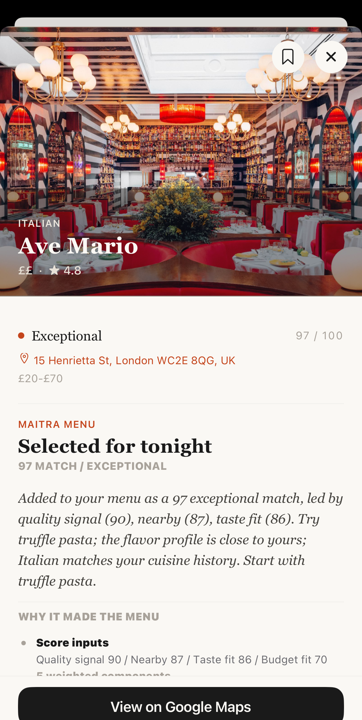Maitra restaurant detail